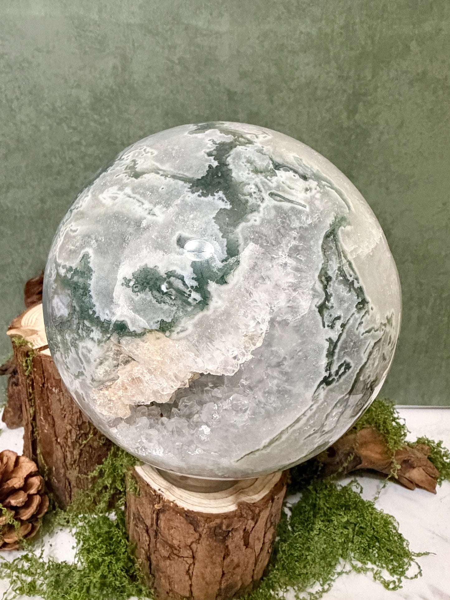 XLG moss agate sphere with druzy pockets