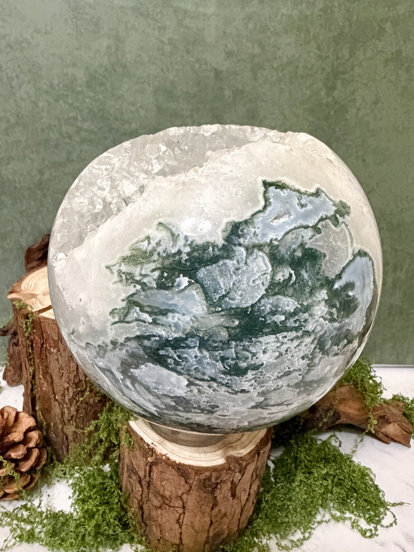 XLG moss agate sphere with druzy pockets