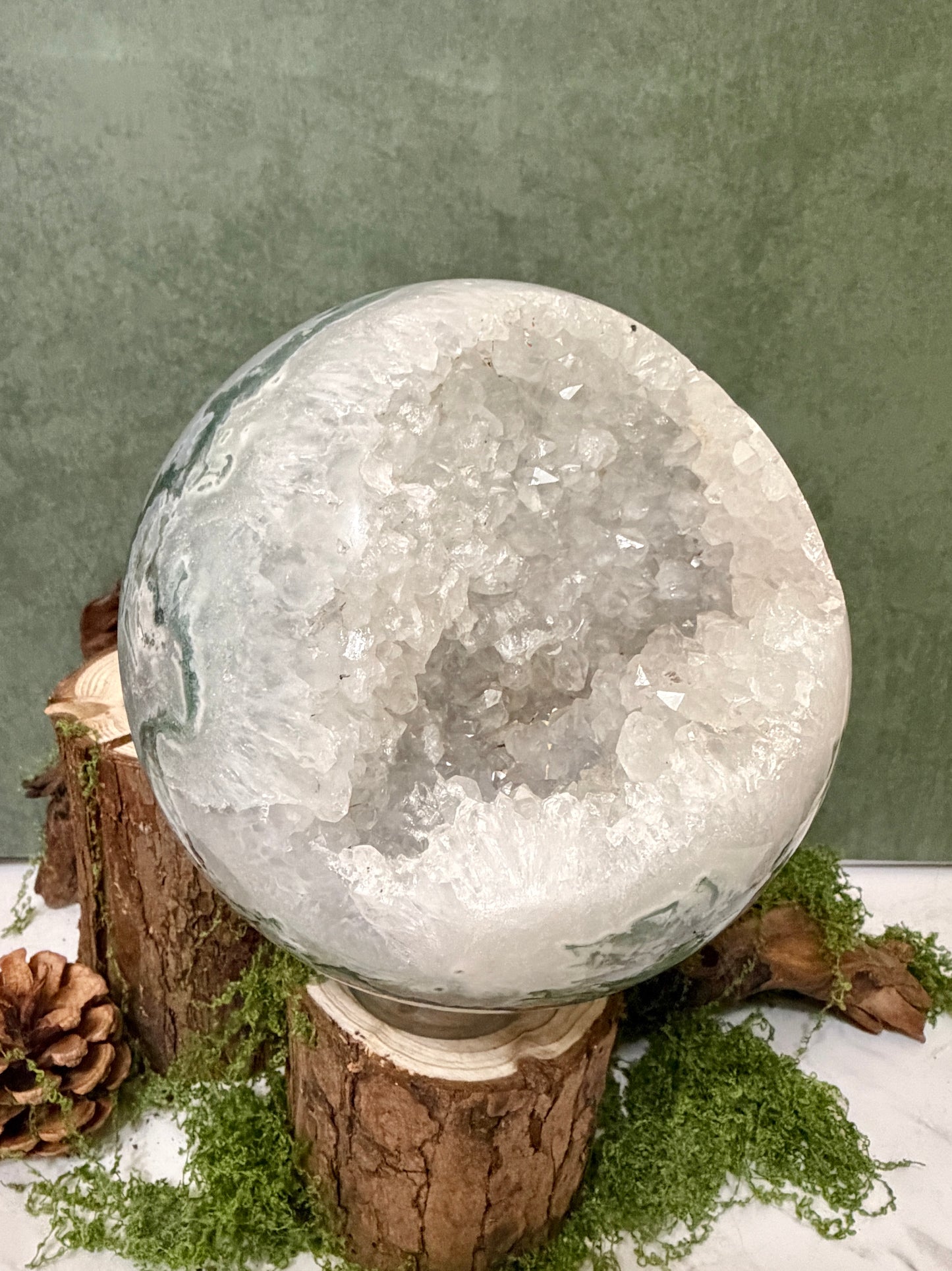 XLG moss agate sphere with druzy pockets
